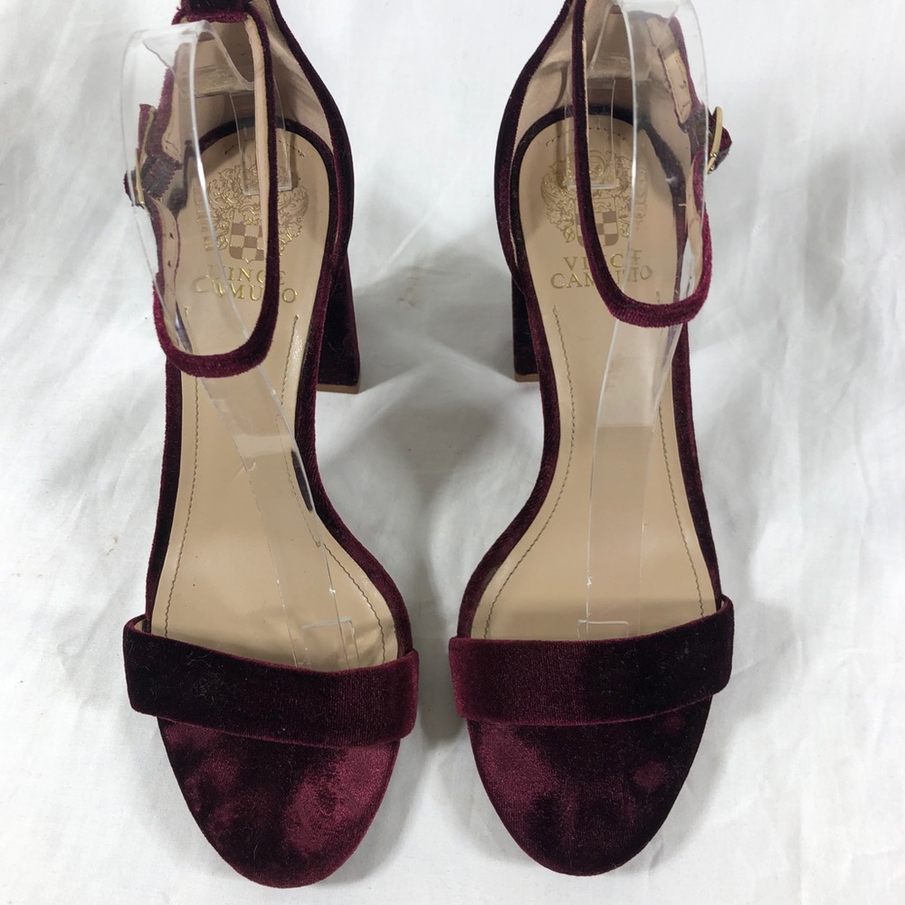 Vince Camuto garnet red velvet heels ankle strap holiday Christmas red shoes 9.5 - Picture 6 of 8